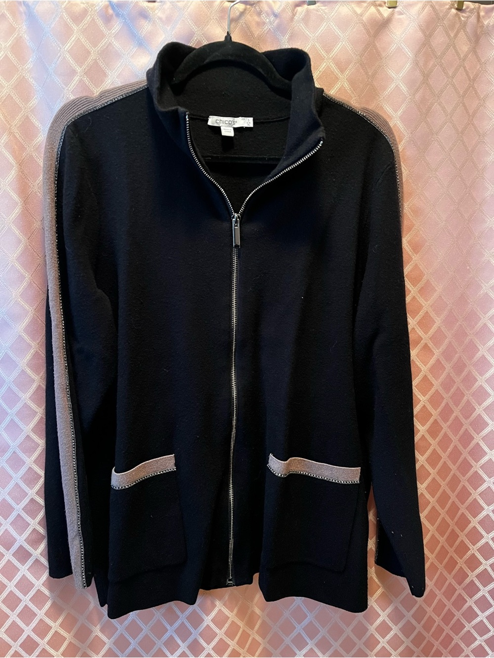 Chico's Black Zip-Front Sweater Jacket with Taupe Trim